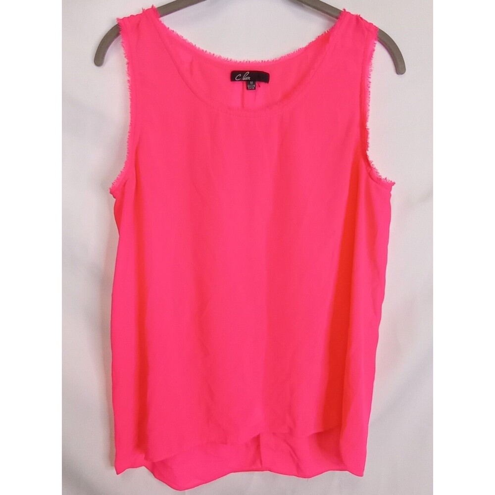 C Luce Top Shirt Womens Medium Sleeveless Sheer Blouse Florescent Pink-Fringe